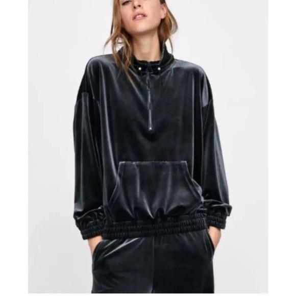 Zara Velvet/Velour Dark Emerald High Neck Track Jacket Pullover Size Med… - Picture 1 of 11